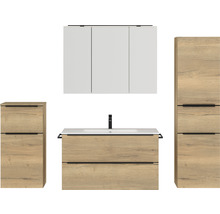 Badmöbel-Set NOBILIA Programm 1 BxHxT 210 x 169,1 x 48,7 cm Frontfarbe eiche natur mit Möbel-Waschtisch und Spiegelschrank 3-türig mit LED-Beleuchtung Unterschrank Midischrank Griffleiste schwarz 119