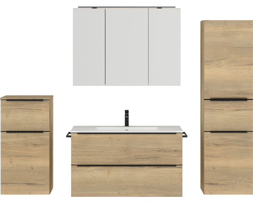 Set de meubles de salle de bains NOBILIA Programm 1 lxhxp 210 x 169,1 x 48,7 cm couleur de façade chêne naturel avec vasque pour meuble et armoire de toilette à 3 portes avec éclairage LED meuble bas armoire midi barre de prise noir 119