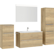 Badmöbel-Set NOBILIA Programm 1 BxHxT 210 x 169,1 x 48,7 cm Frontfarbe eiche natur mit Möbel-Waschtisch weiß und Spiegel mit LED-Beleuchtung Midischrank Unterschrank Griffleiste chrom matt 110