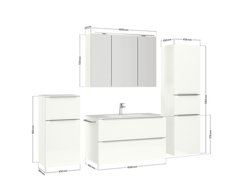 Badezimmermöbel Set mit Waschtisch, Spiegelschrank und Hochschränken mit Maßangaben