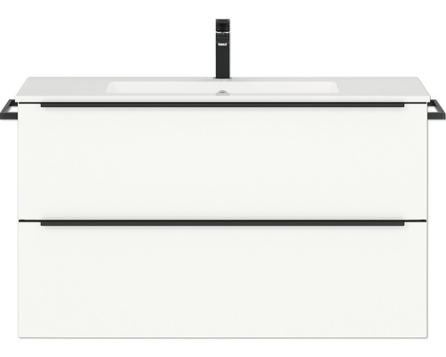 Set de meubles de salle de bains NOBILIA Programm 1 81 lxhxp 101 x 59,1 x 48,7 cm couleur de façade blanc mat avec vasque pour meuble barre de prise noir 081