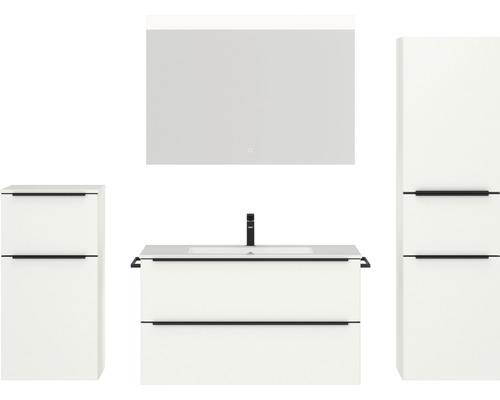 Set de meubles de salle de bains NOBILIA Programm 1 lxhxp 210 x 169,1 x 48,7 cm couleur de façade blanc mat avec meuble à vasque blanc et miroir avec éclairage LED armoire midi meuble bas barre de prise noir 105