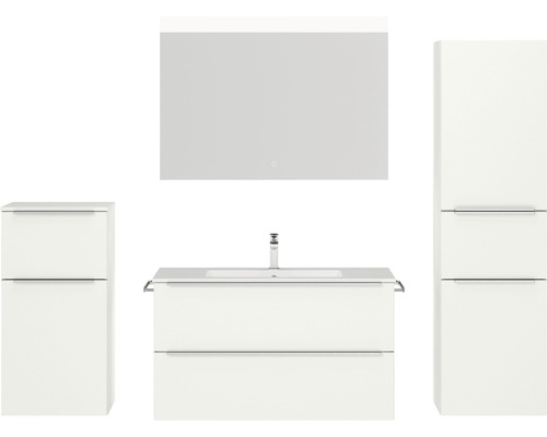 Set de meubles de salle de bains NOBILIA Programm 1 lxhxp 210 x 169,1 x 48,7 cm couleur de façade blanc mat avec meuble à vasque blanc et miroir avec éclairage LED armoire midi meuble bas barre de prise chrome mat 104