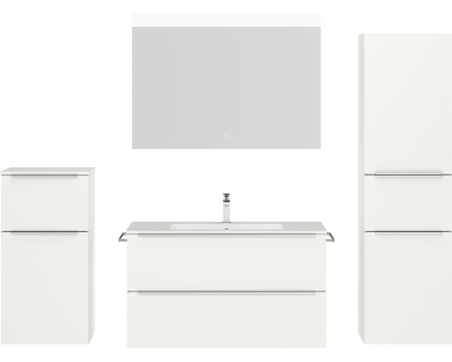 Badmöbel-Set NOBILIA Programm 1 BxHxT 210 x 169,1 x 48,7 cm Frontfarbe weiß matt mit Möbel-Waschtisch weiß und Spiegel mit LED-Beleuchtung Midischrank Unterschrank Griffleiste chrom matt 104