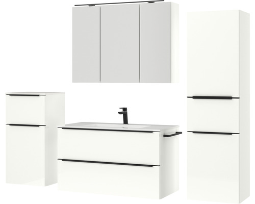 Badezimmermöbelset mit Waschtischunterschrank, Waschbecken, Spiegelschrank und Hochschrank