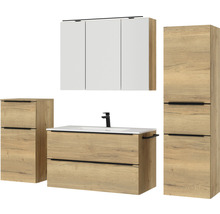Badmöbel-Set NOBILIA Programm 1 BxHxT 210 x 169,1 x 48,7 cm Frontfarbe eiche natur mit Möbel-Waschtisch und Spiegelschrank 3-türig mit LED-Beleuchtung Unterschrank Midischrank Griffleiste schwarz 119