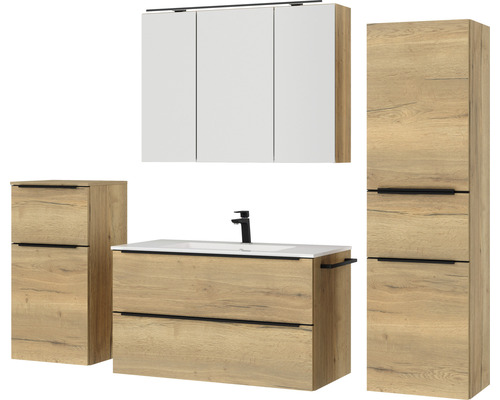 Badezimmerset mit Waschtischunterschrank, Waschbecken, Spiegelschrank und Hochschrank im Holzdekor