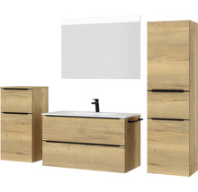 Badmöbel-Set NOBILIA Programm 1 BxHxT 210 x 169,1 x 48,7 cm Frontfarbe eiche natur mit Möbel-Waschtisch weiß und Spiegel mit LED-Beleuchtung Midischrank Unterschrank Griffleiste schwarz 111
