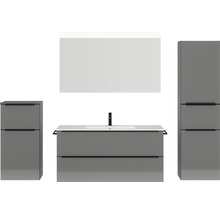 Badmöbel-Set NOBILIA Programm 1 BxHxT 230 x 169,1 x 48,7 cm Frontfarbe grau hochglanz mit Möbel-Waschtisch weiß und Spiegel mit LED-Beleuchtung Midischrank Unterschrank Griffleiste schwarz 149