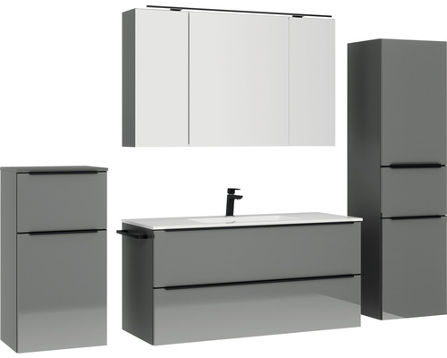 Badezimmermöbelset mit Waschtischunterschrank, Waschbecken, Spiegelschrank und Hochschränken