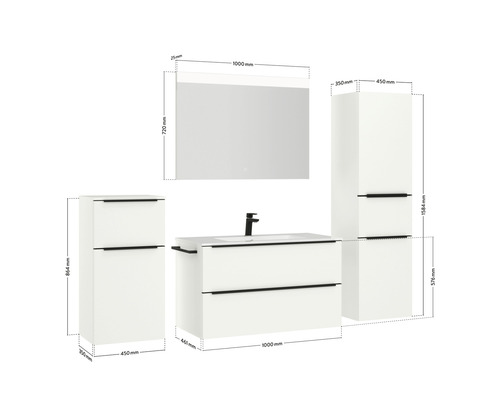 Dimensions de l''ensemble de meubles de salle de bains avec meuble sous-lavabo, armoire de toilette et armoire haute