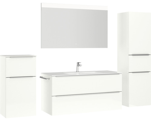 Ensemble de salle de bains avec meuble sous-lavabo, armoire de toilette et armoires hautes