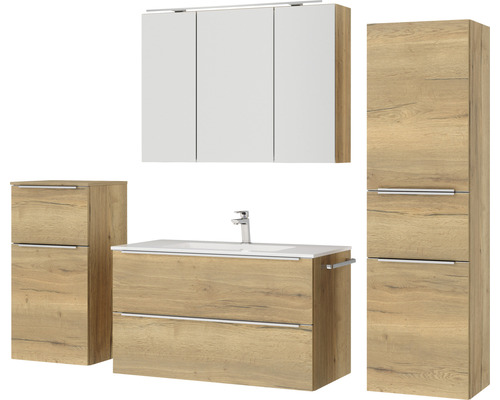Badezimmermöbel Set mit Spiegelschrank, Waschbeckenunterschrank und zwei Hochschränken