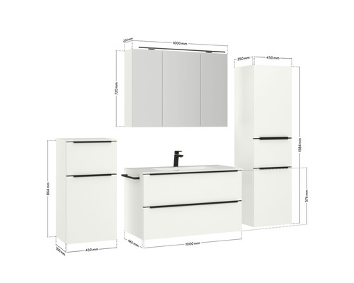 Ensemble de meubles de salle de bains avec lavabo, armoire de toilette et armoire haute, dimensions incluses