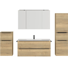 Badmöbel-Set NOBILIA Programm 1 BxHxT 230 x 169,1 x 48,7 cm Frontfarbe eiche natur mit Möbel-Waschtisch und Spiegelschrank 3-türig mit LED-Beleuchtung Unterschrank Midischrank Griffleiste schwarz 159