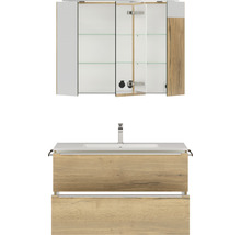 Badmöbel-Set NOBILIA Programm 1 BxHxT 101 x 169,1 x 48,7 cm Frontfarbe eiche natur mit Möbel-Waschtisch und Spiegelschrank 3-türig mit LED-Beleuchtung Griffleiste chrom matt 102