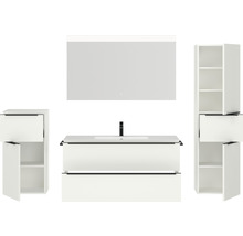Badmöbel-Set NOBILIA Programm 1 BxHxT 230 x 169,1 x 48,7 cm Frontfarbe weiß matt mit Möbel-Waschtisch weiß und Spiegel mit LED-Beleuchtung Midischrank Unterschrank Griffleiste schwarz 145