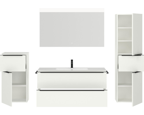 Ensemble de salle de bains avec meuble sous-lavabo, armoire de toilette et armoires hautes