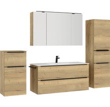Badmöbel-Set NOBILIA Programm 1 BxHxT 230 x 169,1 x 48,7 cm Frontfarbe eiche natur mit Möbel-Waschtisch und Spiegelschrank 3-türig mit LED-Beleuchtung Unterschrank Midischrank Griffleiste schwarz 159