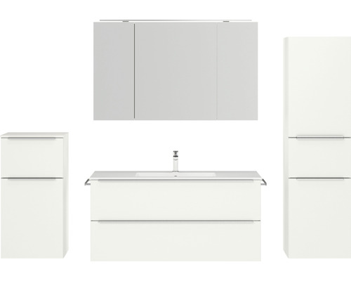 Badmöbel-Set NOBILIA Programm 1 BxHxT 230 x 169,1 x 48,7 cm Frontfarbe weiß matt mit Möbel-Waschtisch und Spiegelschrank 3-türig mit LED-Beleuchtung Unterschrank Midischrank Griffleiste chrom matt 152 Badezimmersatz mit Waschtischunterschrank, Waschtisch, Spiegelschrank und Hochschrank