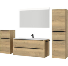 Badmöbel-Set NOBILIA Programm 1 BxHxT 230 x 169,1 x 48,7 cm Frontfarbe eiche natur mit Möbel-Waschtisch weiß und Spiegel mit LED-Beleuchtung Midischrank Unterschrank Griffleiste schwarz 151