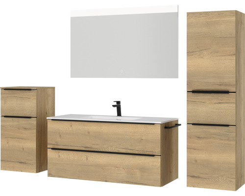 Ensemble de salle de bains avec lavabo, armoire de toilette et armoire haute aspect bois