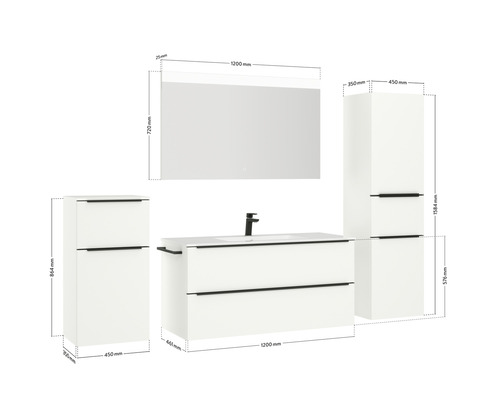 Meuble-lavabo avec meuble sous-lavabo, armoire de toilette et armoires latérales avec dimensions