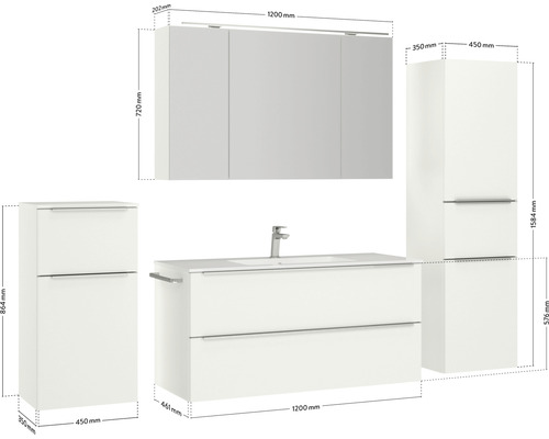 Badezimmer Set mit Waschtischunterschrank, Spiegelschrank und Hochschränken mit Maßangaben