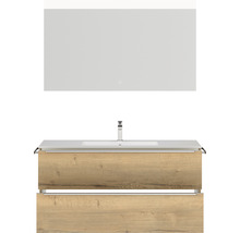 Badmöbel-Set NOBILIA Programm 1 BxHxT 121 x 169,1 x 48,7 cm Frontfarbe eiche natur mit Möbel-Waschtisch weiß und Spiegel mit LED-Beleuchtung Griffleiste chrom matt 134