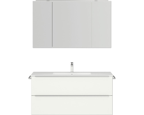 Set de meubles de salle de bains NOBILIA Programm 1 lxhxp 121 x 169,1 x 48,7 cm couleur de façade blanc mat avec vasque pour meuble et armoire de toilette à 3 portes avec éclairage LED barre de prise chrome mat 136 Combinaison de lavabo avec armoire de toilette pour la salle de bain
