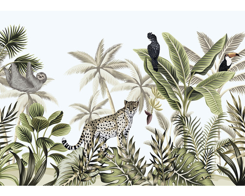 Illustration d''une scène de jungle avec un paresseux, un léopard, un cacatoès et un toucan parmi des palmiers et des plantes tropicales