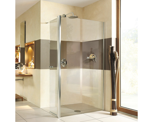 Douche à l'italienne Entra 90 x 90 cm profilé couleur argent verre transparent Douche à l''italienne avec paroi en verre et robinetterie dans une salle de bain