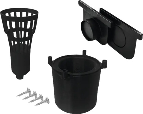 Kit de raccordement avec obturateur, adaptateur et bac à feuilles pour gouttière en plastique noir DN/OD 75/110