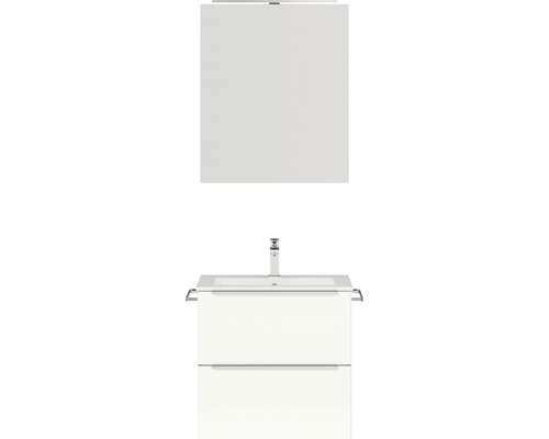 Set de meubles de salle de bains NOBILIA Programm 1 lxhxp 61 x 169,1 x 48,7 cm couleur de façade blanc haute brillance avec meuble à vasque et armoire de toilette à 1 porte avec éclairage LED barre de prise chrome mat 019