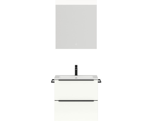 Set de meubles de salle de bains NOBILIA Programm 1 lxhxp 61 x 169,1 x 48,7 cm couleur de façade blanc haute brillance avec meuble à vasque blanc et miroir avec éclairage LED barre de prise noir 012