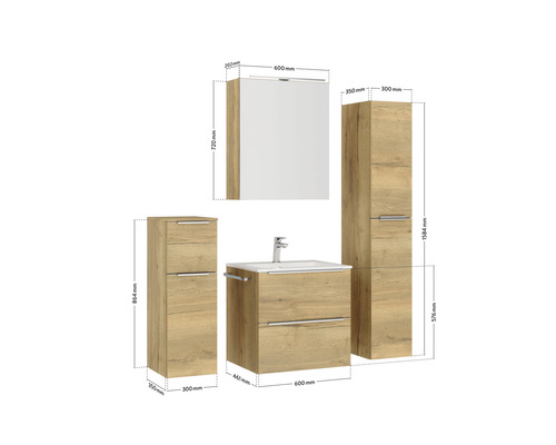 Ensemble de meubles de salle de bains avec meuble sous-lavabo, lavabo, armoire de toilette et armoire haute avec dimensions