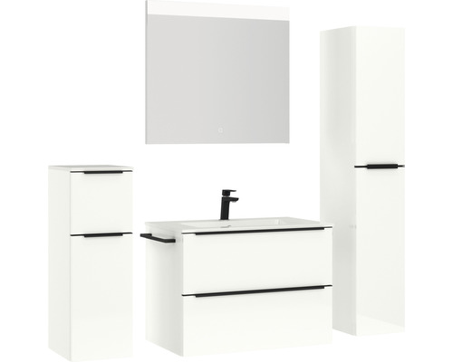 Ensemble de salle de bains moderne avec meuble-lavabo, armoire de toilette et armoires hautes.