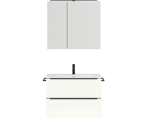 Badmöbel-Set NOBILIA Programm 1 BxHxT 81 x 169,1 x 48,7 cm Frontfarbe weiß hochglanz mit Möbel-Waschtisch und Spiegelschrank 2-türig mit LED-Beleuchtung Griffleiste schwarz 059