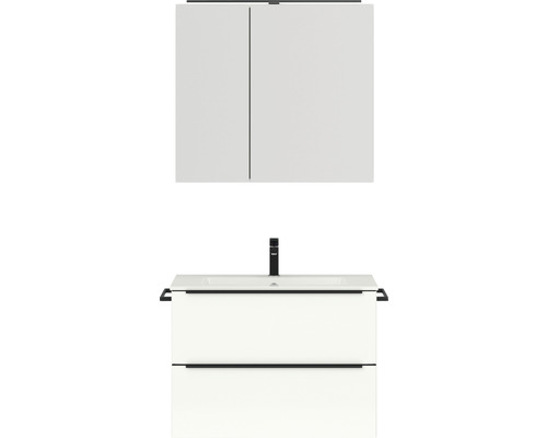 Set de meubles de salle de bains NOBILIA Programm 1 lxhxp 81 x 169,1 x 48,7 cm couleur de façade blanc haute brillance avec meuble à vasque et armoire de toilette à 2 portes avec éclairage LED barre de prise noir 059