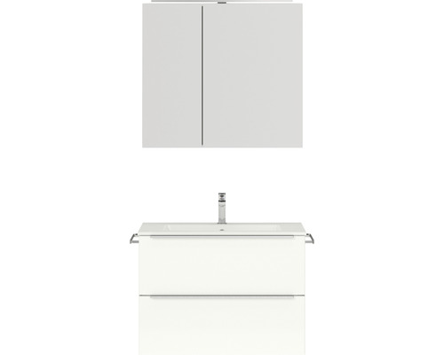 Badmöbel-Set NOBILIA Programm 1 BxHxT 81 x 169,1 x 48,7 cm Frontfarbe weiß hochglanz mit Möbel-Waschtisch und Spiegelschrank 2-türig mit LED-Beleuchtung Griffleiste chrom matt 058 Weißer Waschtischunterschrank mit Waschbecken und Spiegelschrank für das Badezimmer