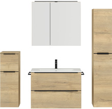 Badezimmerensemble mit Waschtisch, Waschbeckenunterschrank, Spiegelschrank und Hochschränken