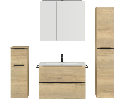 Set de meubles de salle de bains NOBILIA Programm 1 lxhxp 160 x 169,1 x 48,7 cm couleur de façade chêne naturel avec meuble à vasque et armoire de toilette à 2 portes avec éclairage LED meuble bas armoire midi barre de prise noir 079