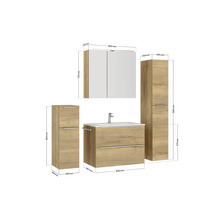 Badezimmermöbel Set mit Waschtisch, Spiegelschrank und zwei Hochschränken mit Maßangaben