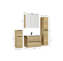 Badezimmerset mit Waschtischunterschrank, Waschbecken, Spiegelschrank und Hochschränken mit den jeweiligen Abmessungen
