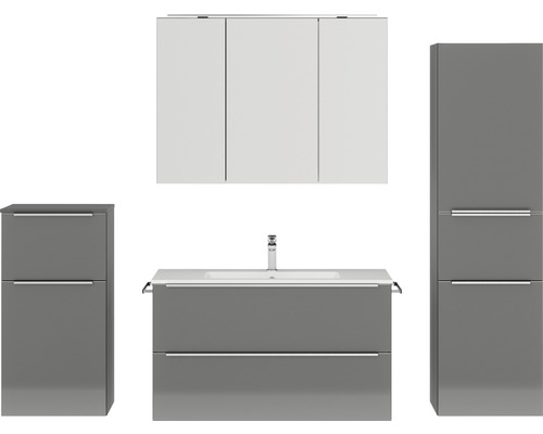 Set de meubles de salle de bains NOBILIA Programm 1 lxhxp 210 x 169,1 x 48,7 cm couleur de façade gris haute brillance avec meuble à vasque et armoire de toilette à 3 portes avec éclairage LED meuble bas armoire midi barre de prise chrome mat 116