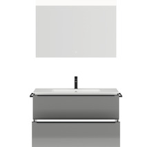 Badmöbel-Set NOBILIA Programm 1 BxHxT 101 x 169,1 x 48,7 cm Frontfarbe grau hochglanz mit Möbel-Waschtisch weiß und Spiegel mit LED-Beleuchtung Griffleiste schwarz 093