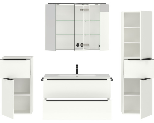 Weißes Badezimmer-Set mit Waschtischunterschrank, Waschbecken, Spiegelschrank und Seitenschrank für ein helles, modernes Bad.