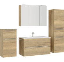 Badmöbel-Set NOBILIA Programm 1 BxHxT 210 x 169,1 x 48,7 cm Frontfarbe eiche natur mit Möbel-Waschtisch und Spiegelschrank 3-türig mit LED-Beleuchtung Unterschrank Midischrank Griffleiste chrom matt 118