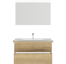 Badmöbel-Set NOBILIA Programm 1 BxHxT 101 x 169,1 x 48,7 cm Frontfarbe eiche natur mit Möbel-Waschtisch weiß und Spiegel mit LED-Beleuchtung Griffleiste chrom matt 094