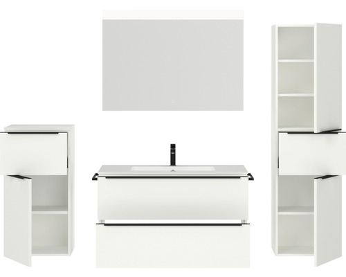 Ensemble de salle de bains avec meuble sous-lavabo, lavabo, armoire de toilette et armoires hautes